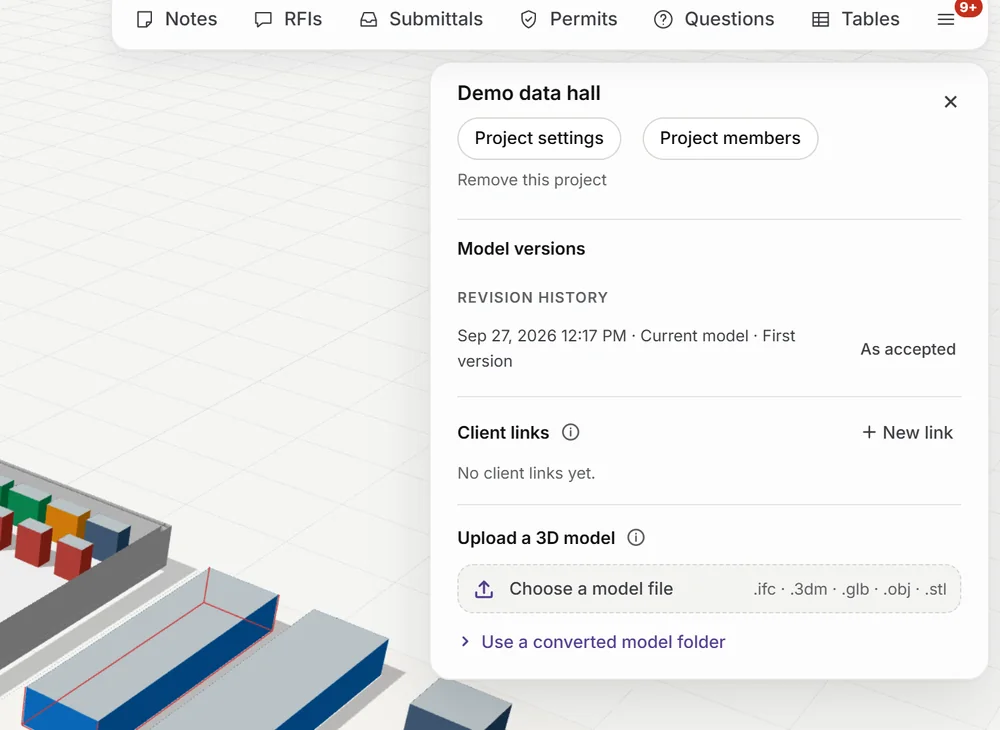 This project: model versions, client links and model upload.