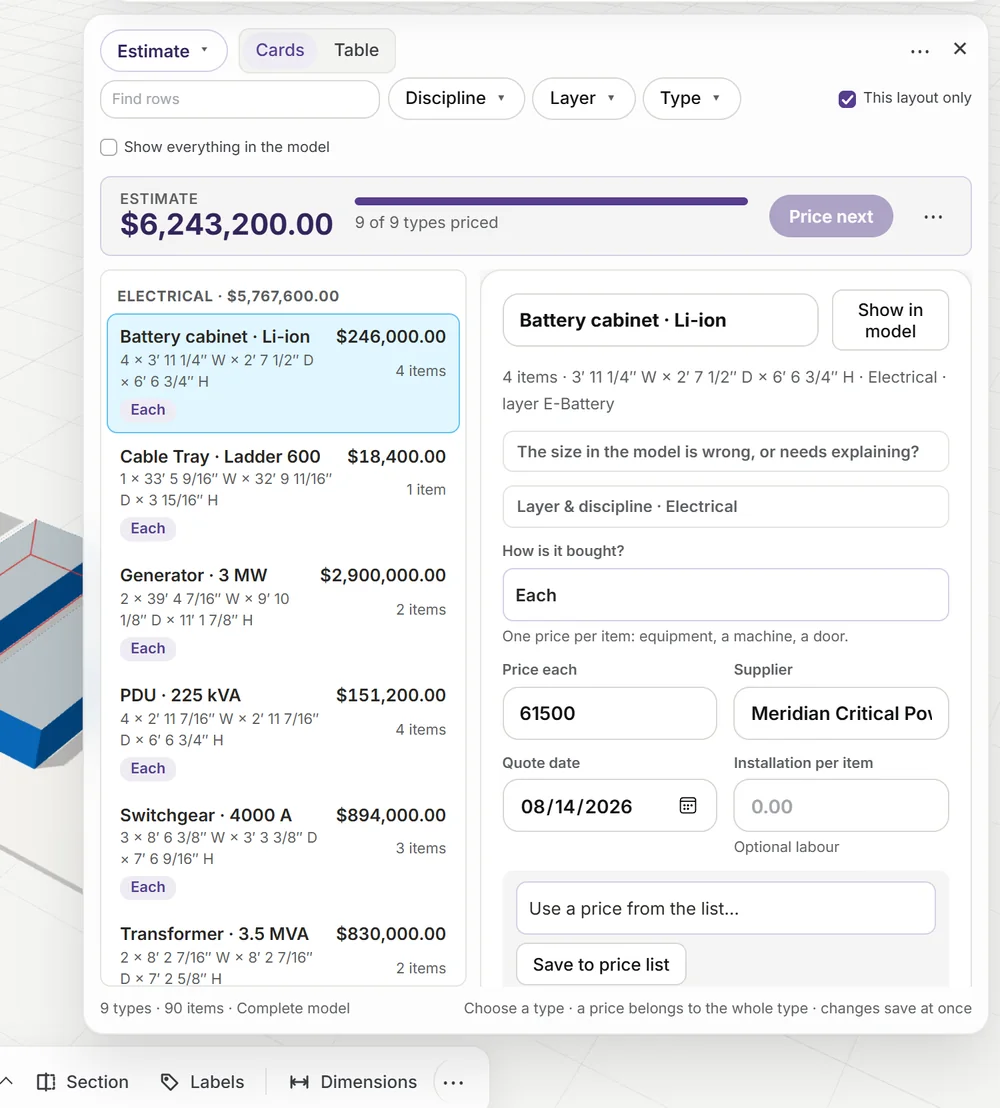 The estimate: every type priced, with supplier and quote date.