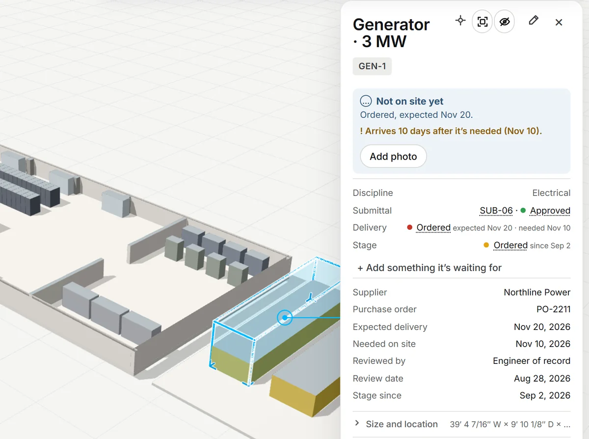 A generator's card open beside the model.